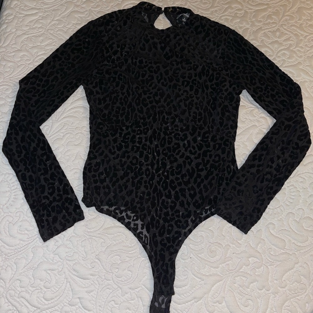 Black Velvet Leopard Print Long Sleeve Bodysuit